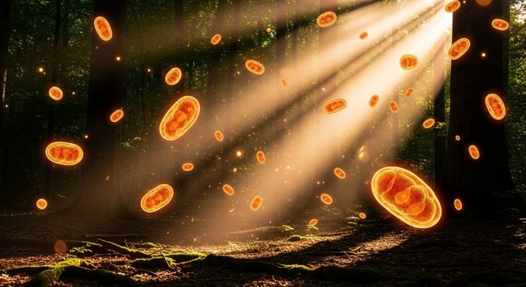 Um raio de luz solar intensa atravessando uma floresta, iluminando mitocôndrias brilhantes que flutuam como partículas de energia no ar