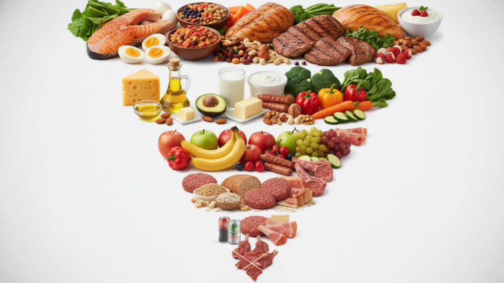 Illustration of the new 2025 U.S. dietary food pyramid inverted, prioritizing high-protein foods, full-fat dairy, healthy fats, and vegetables, while refined carbohydrates and ultra-processed foods appear minimized at the bottom.